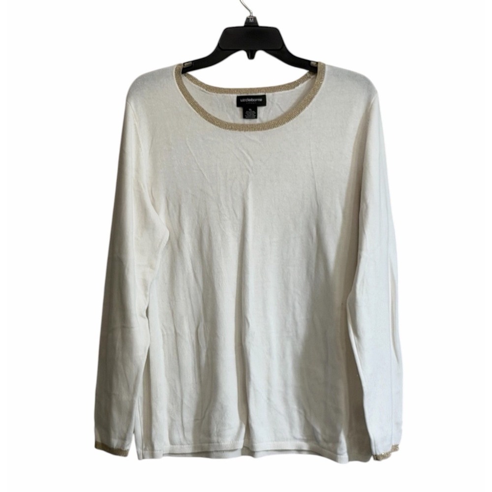 Liz Claiborne Career XL Women's Cream Gold Shimmer Trim Knit Sweater